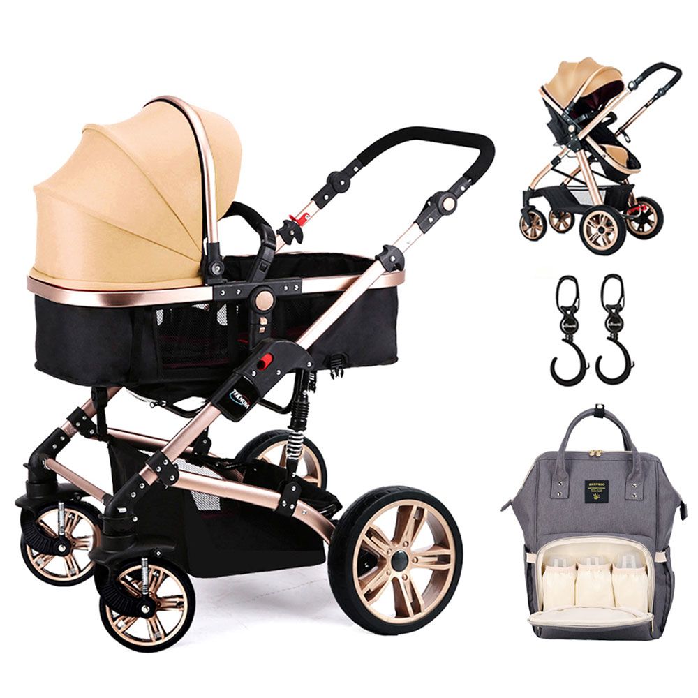 Teknum - 3-in-1 Pram Stroller, Diaper Bag & Hooks Khaki Grey