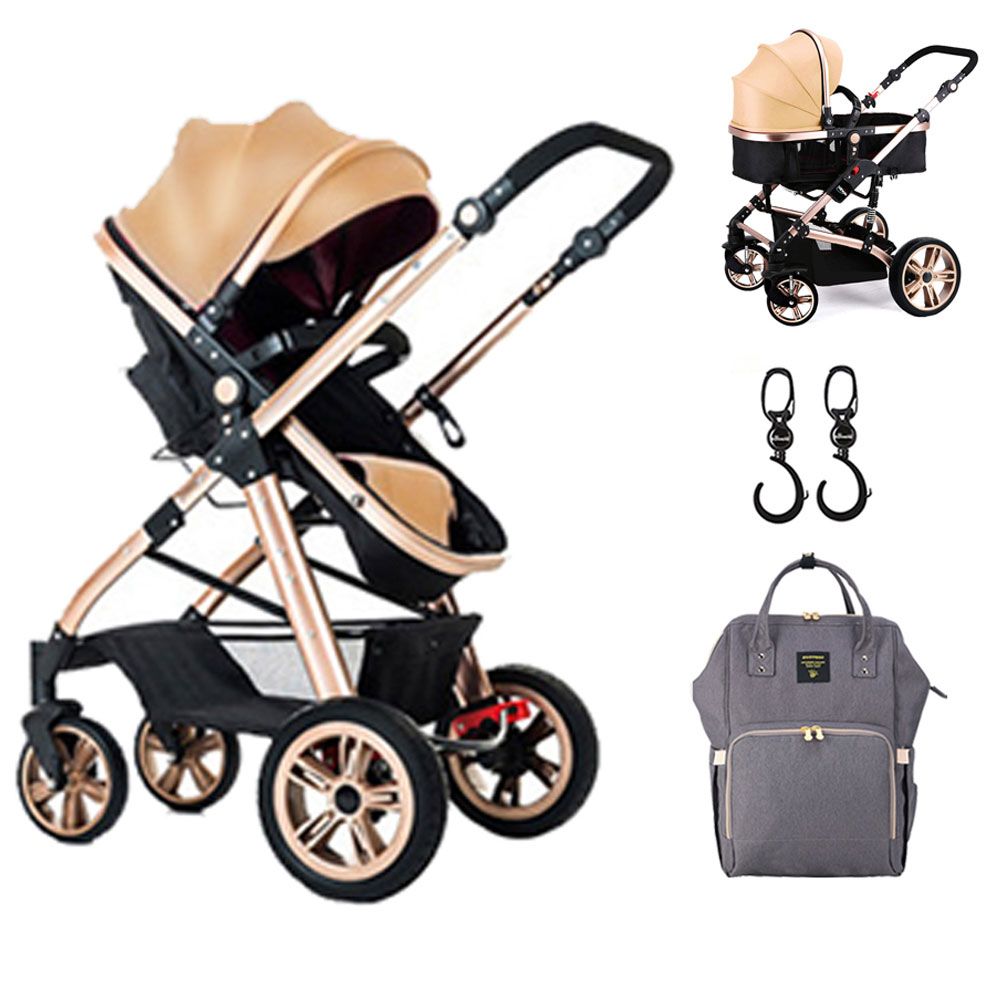 Teknum - 3-in-1 Pram Stroller, Diaper Bag & Hooks Khaki Grey