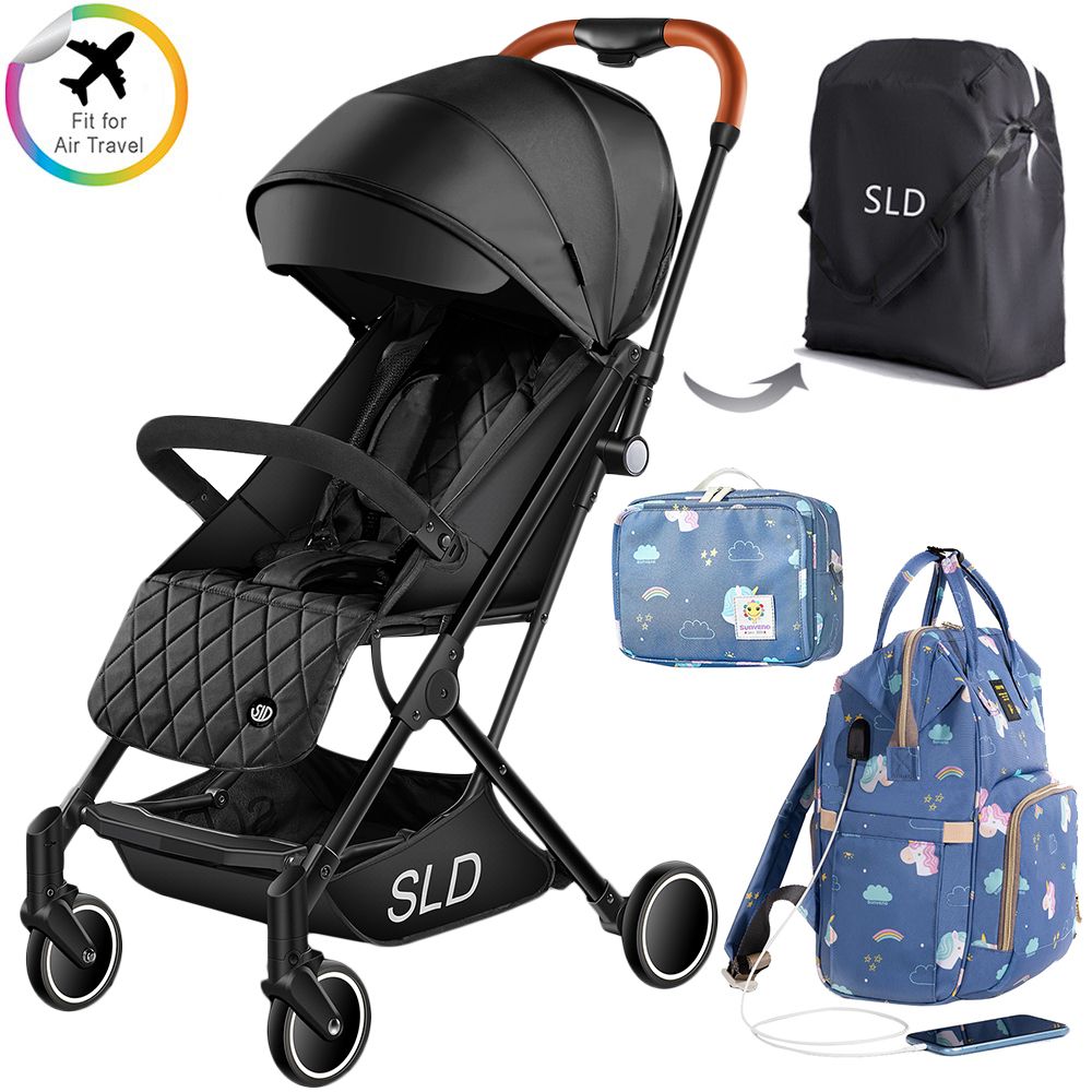 Teknum - Travel Lite Stroller - Black With Sunveno Unicorn Diaper Bag and Clutch Combo