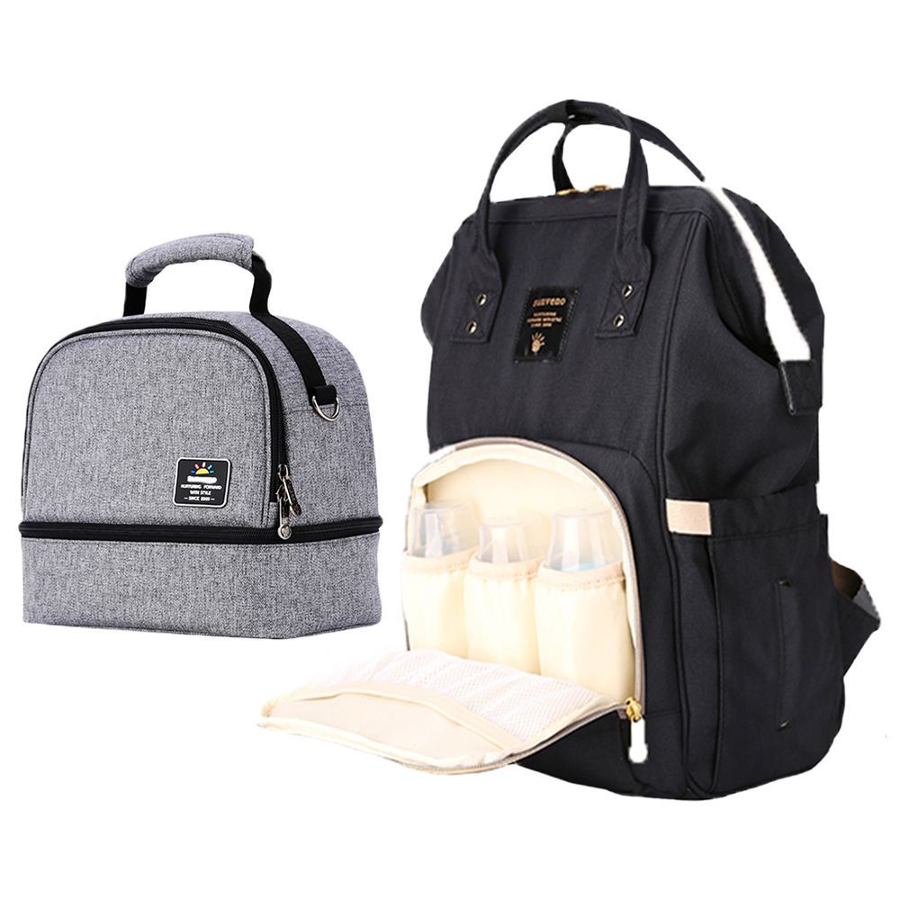 Sunveno - Mamma Diaper & Breast Pump Bottle Bag Set - Black/Grey