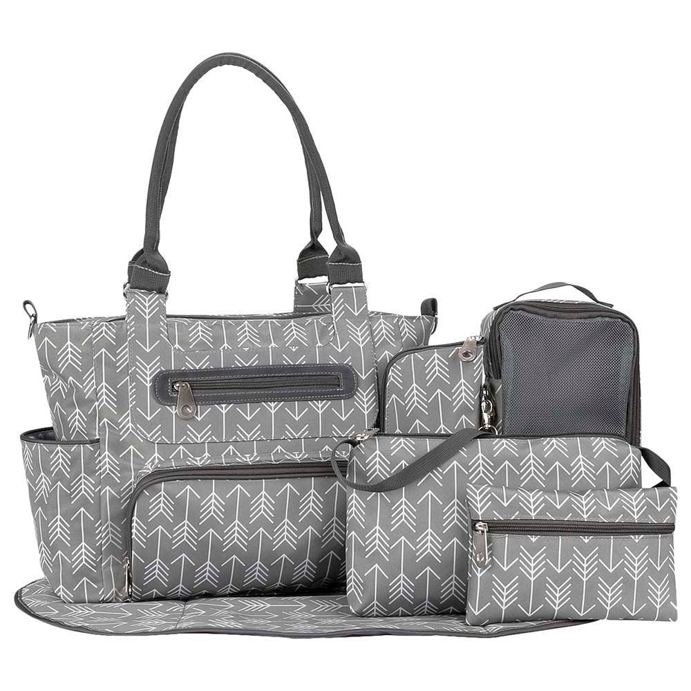 Little Story - Diaper Bag With Hooks Set - 6 Pcs - Melange Grey