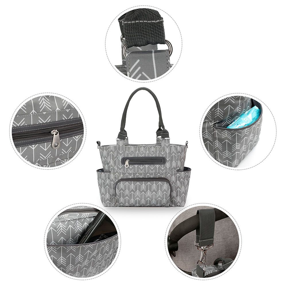 Little Story - Diaper Bag With Hooks Set - 6 Pcs - Melange Grey