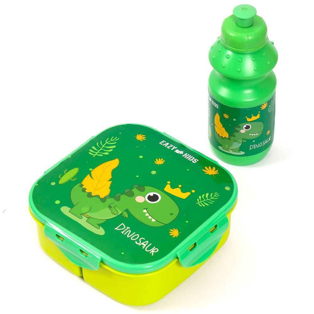 Eazy Kids Lunch Box and Water Bottle With Bag - Dino Green