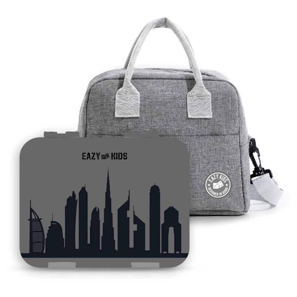 Eazy Kids - 6 & 4 Convertible Bento Lunch Box w/ Sandwich Cutter Set - Skyline Grey