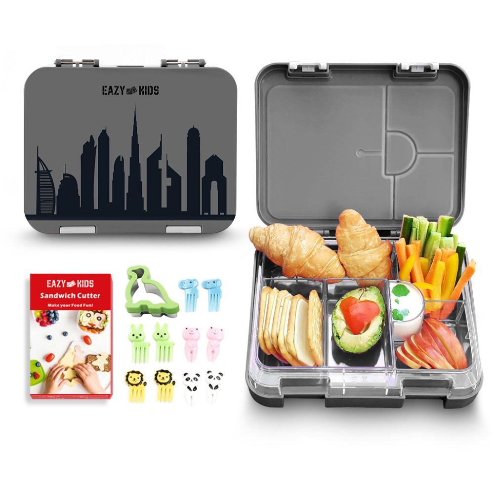 Eazy Kids - 6 & 4 Convertible Bento Lunch Box w/ Sandwich Cutter Set - Skyline Grey