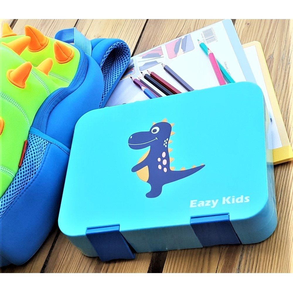 Eazy Kids 6 & 4 Convertible Bento Lunch Box w/ sandwich cutter- Dino Blue