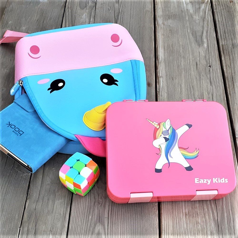 Eazy Kids 6 & 4 Convertible Bento Lunch Box w/ sandwich cutter- Unicorn Pink