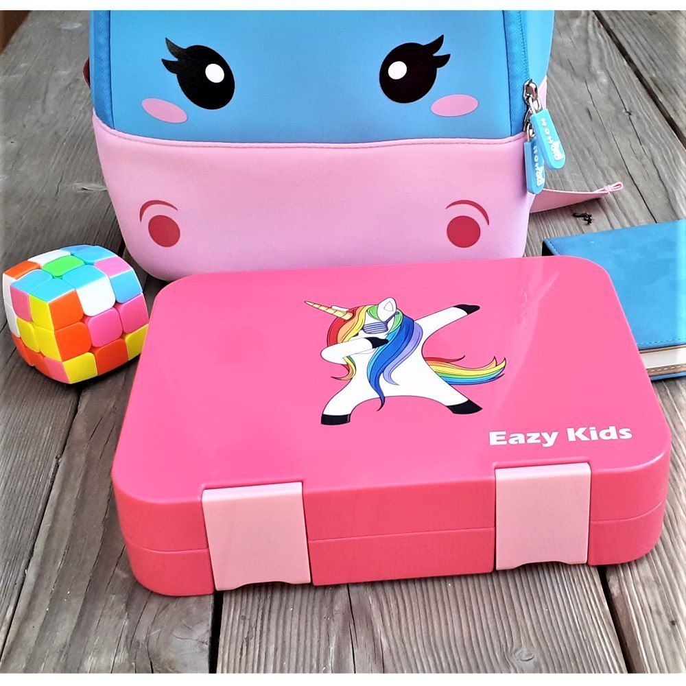 Eazy Kids 6 & 4 Convertible Bento Lunch Box w/ sandwich cutter- Unicorn Pink