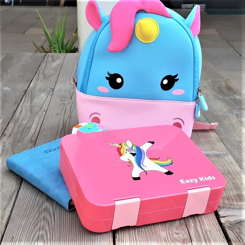 Eazy Kids 6 & 4 Convertible Bento Lunch Box w/ sandwich cutter- Unicorn Pink