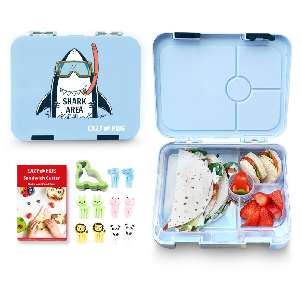 Eazy Kids - 4 Compartment Bento Lunch Box w Sandwich Cutter Set - Shark Blue