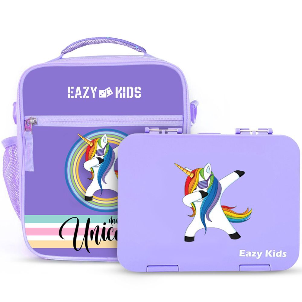 Eazy Kids - Unicorn Purple Bento Boxes w/ Assorted Insulated Lunch Bag Combo 