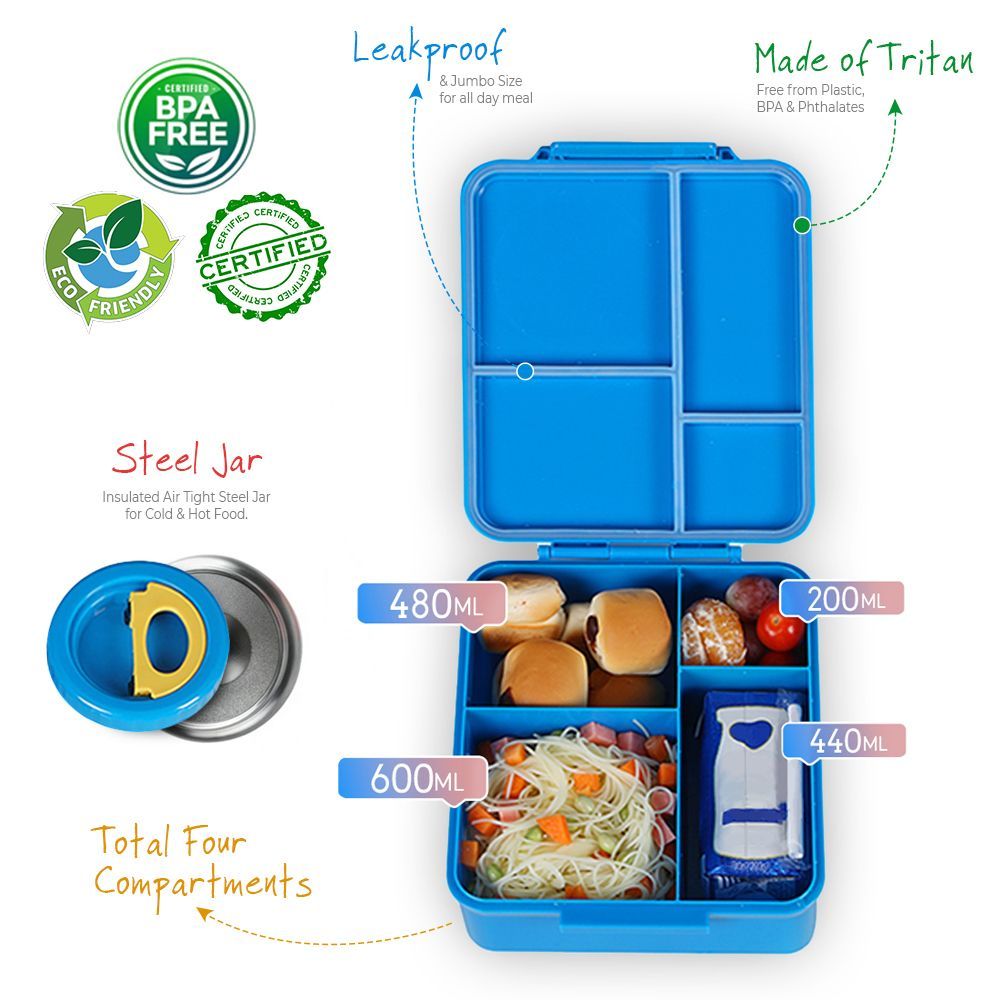 Eazy Kids - 4 Compartments Jumbo Bento Lunch Box W Insulated Jar Blue