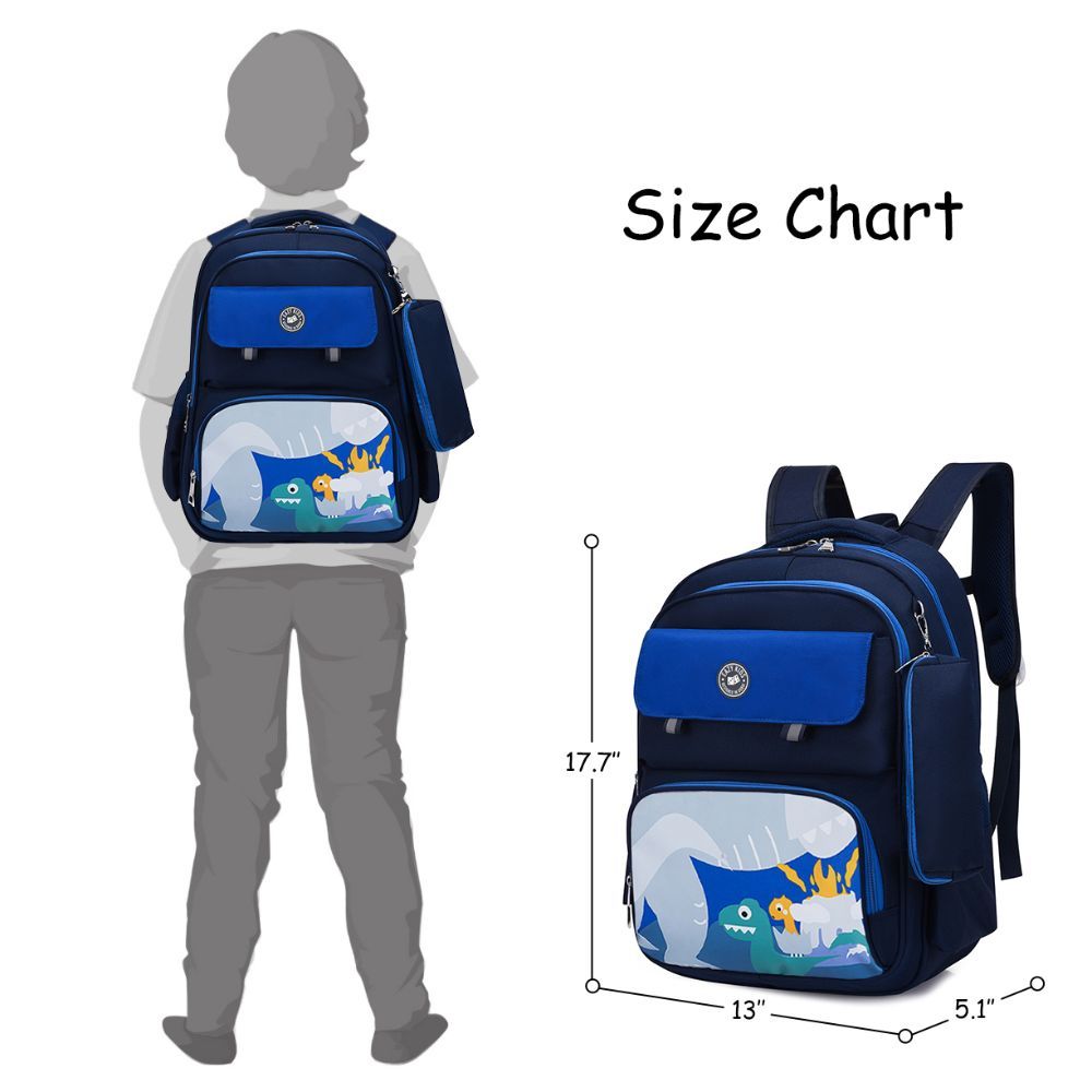 Eazy Kids - Dino School Bag w/ Pencil Case - Dark Blue - 17.7 Inch