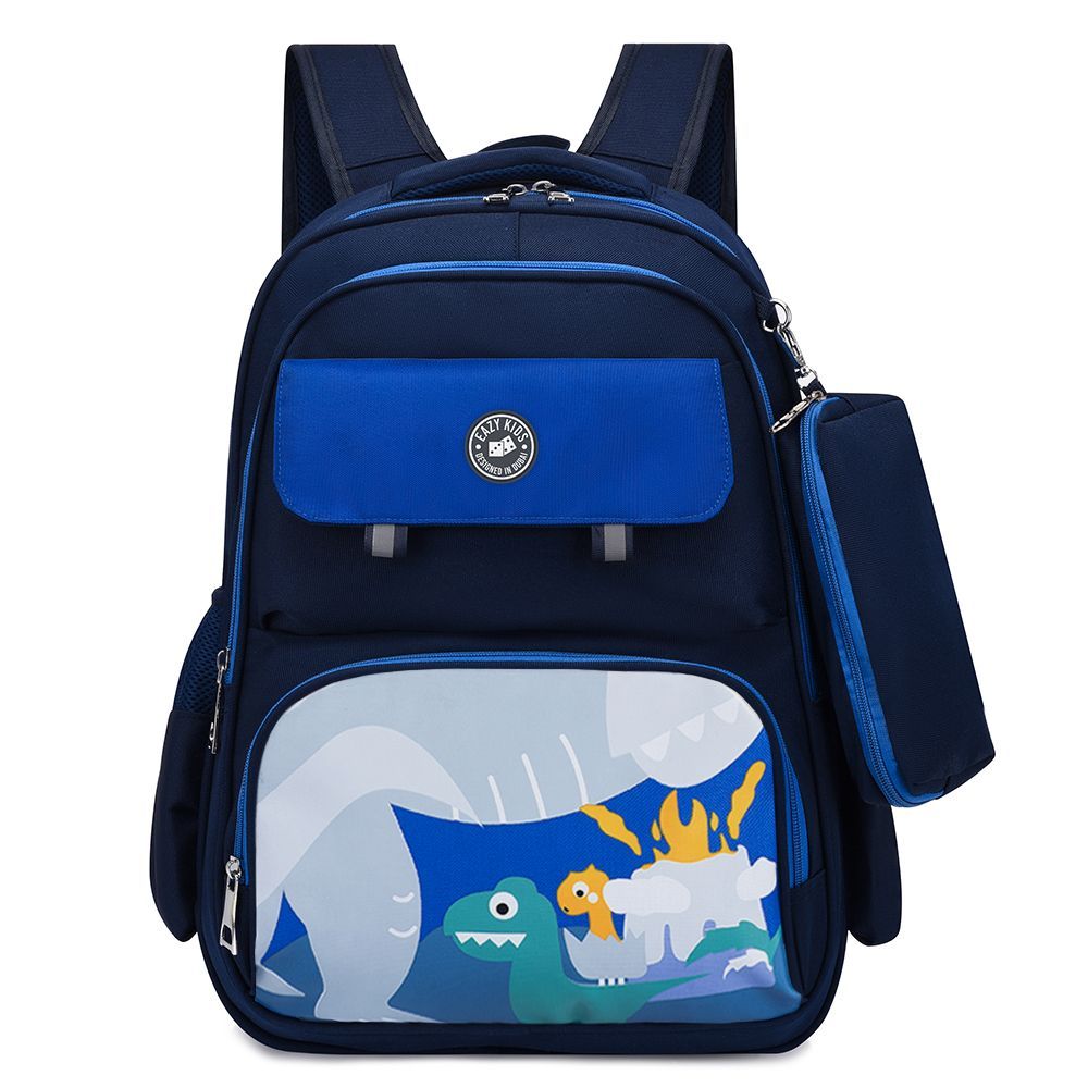 Eazy Kids - Dino School Bag w/ Pencil Case - Dark Blue - 17.7 Inch