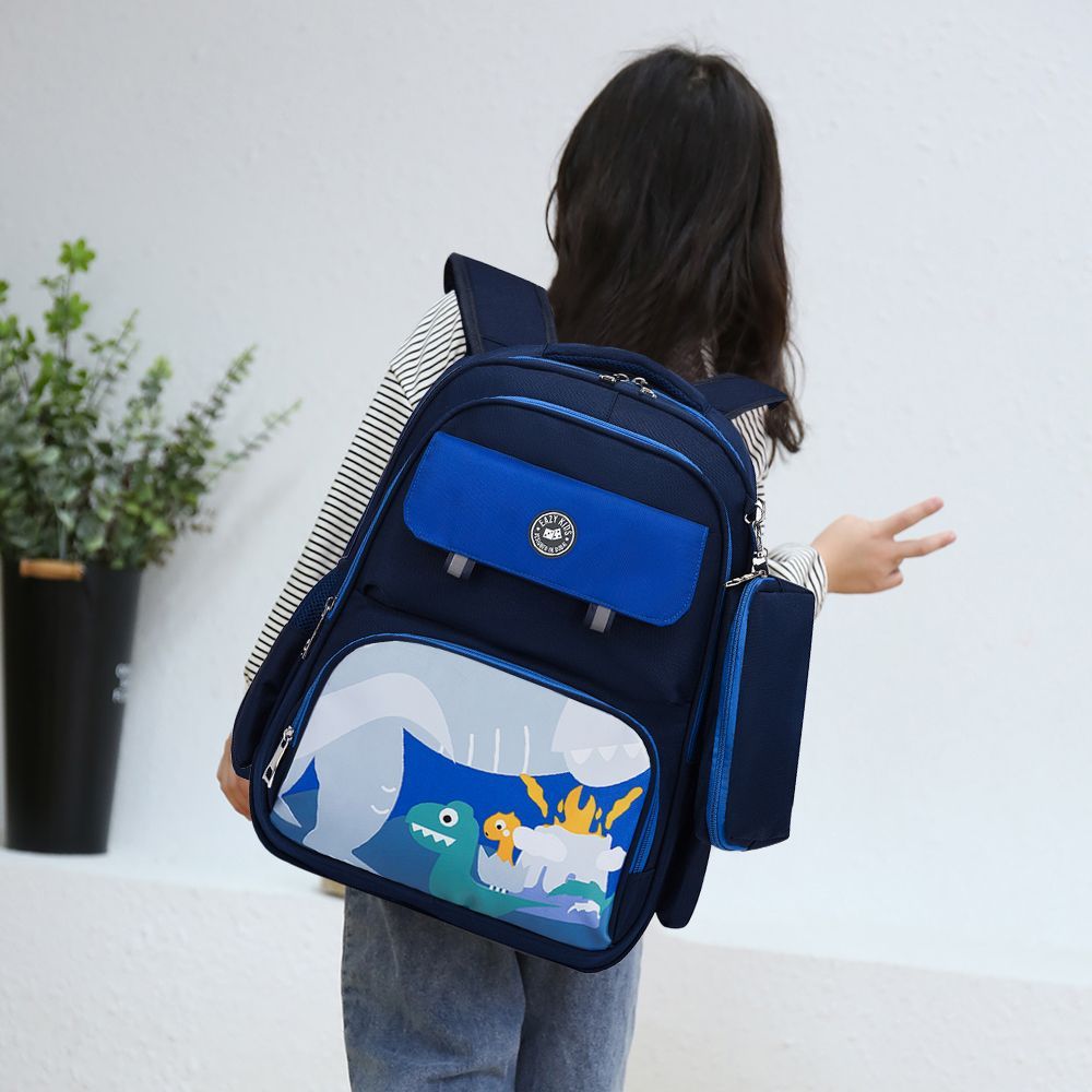 Eazy Kids - Dino School Bag w/ Pencil Case - Dark Blue - 17.7 Inch