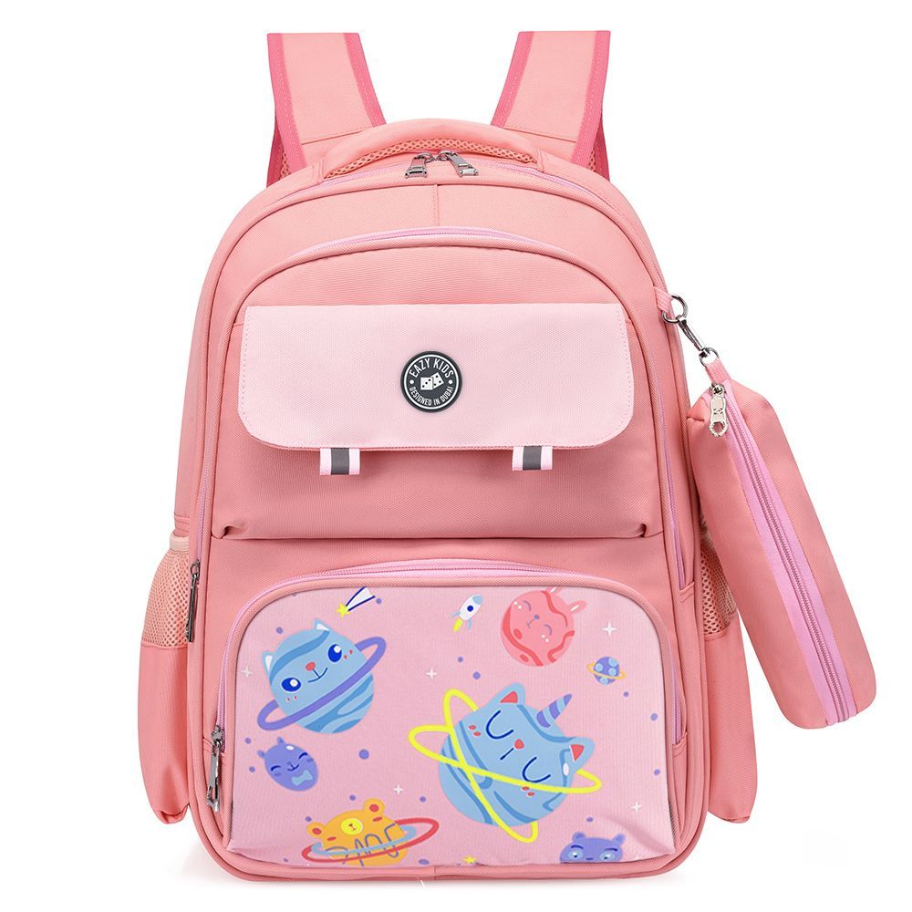 Eazy Kids Unicorn Planet School Bag w Pencil Case Pink - 17.7 Inch