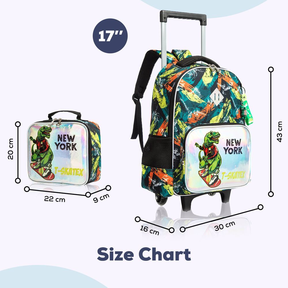 Eazy Kids - Trolley Bag 16-Inch w/ Lunch Bag & Pencil Case - Dinosaur Green