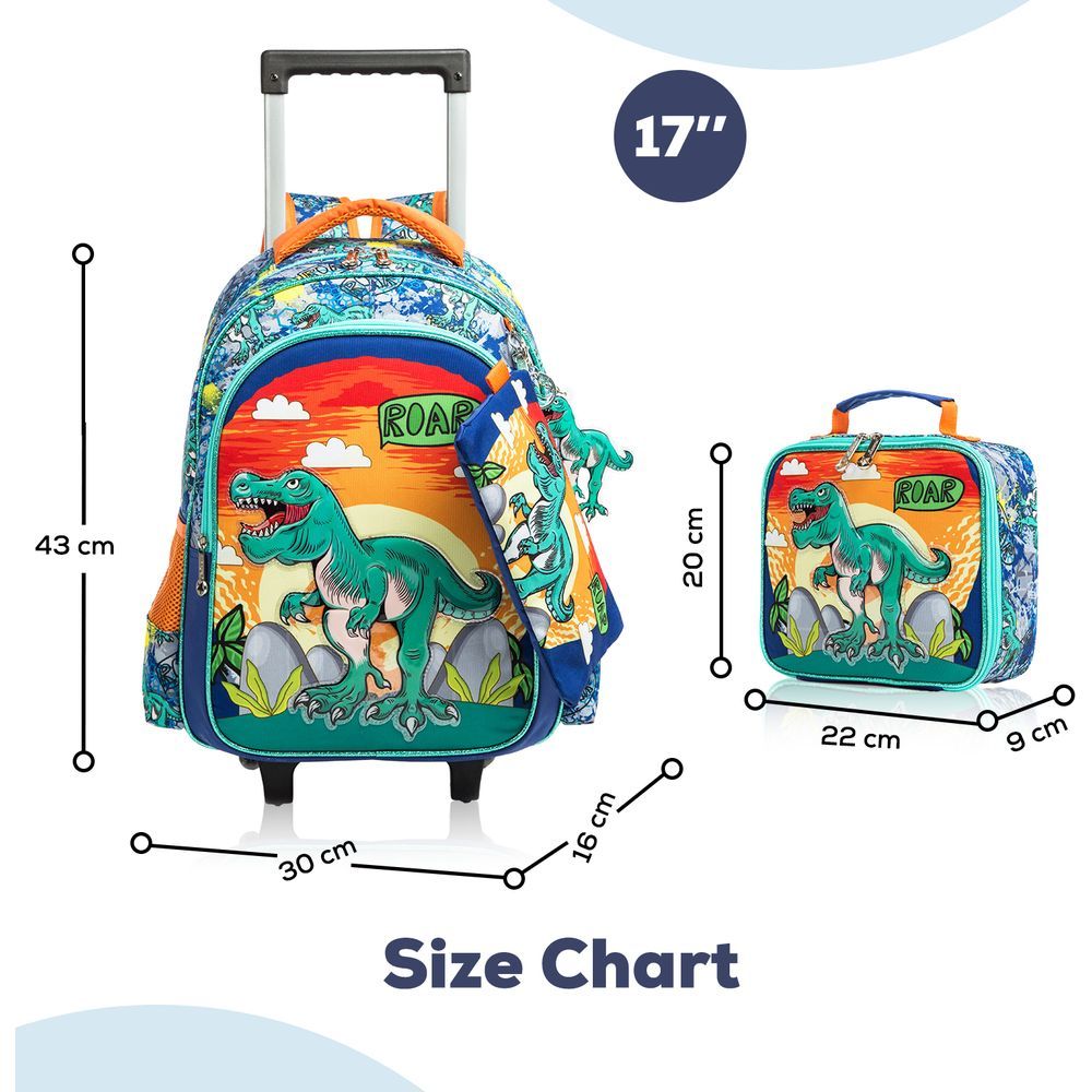 Eazy Kids - Trolley Bag 16-Inch w/ Lunch Bag & Pencil Case - Dinosaur Orange