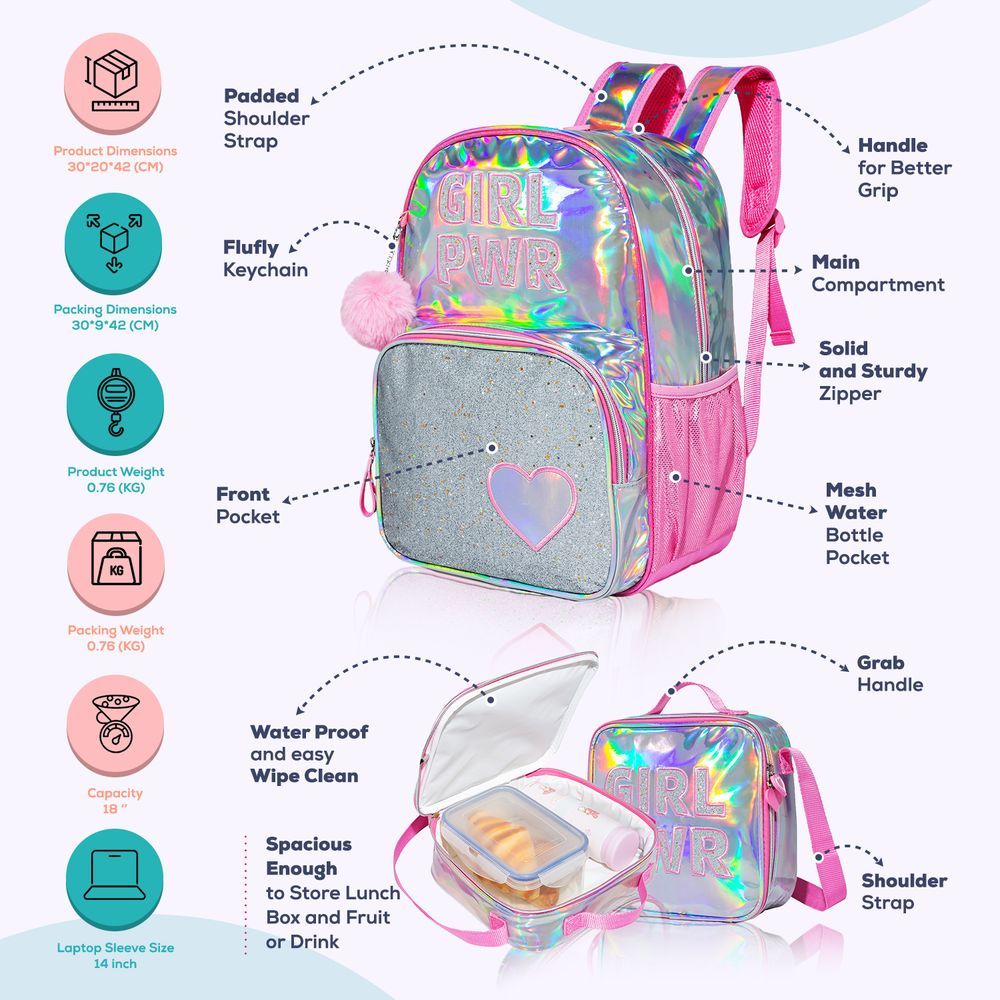 Eazy Kids - Backpack 18-Inch w/ Lunch Bag & Pencil Case - Pink