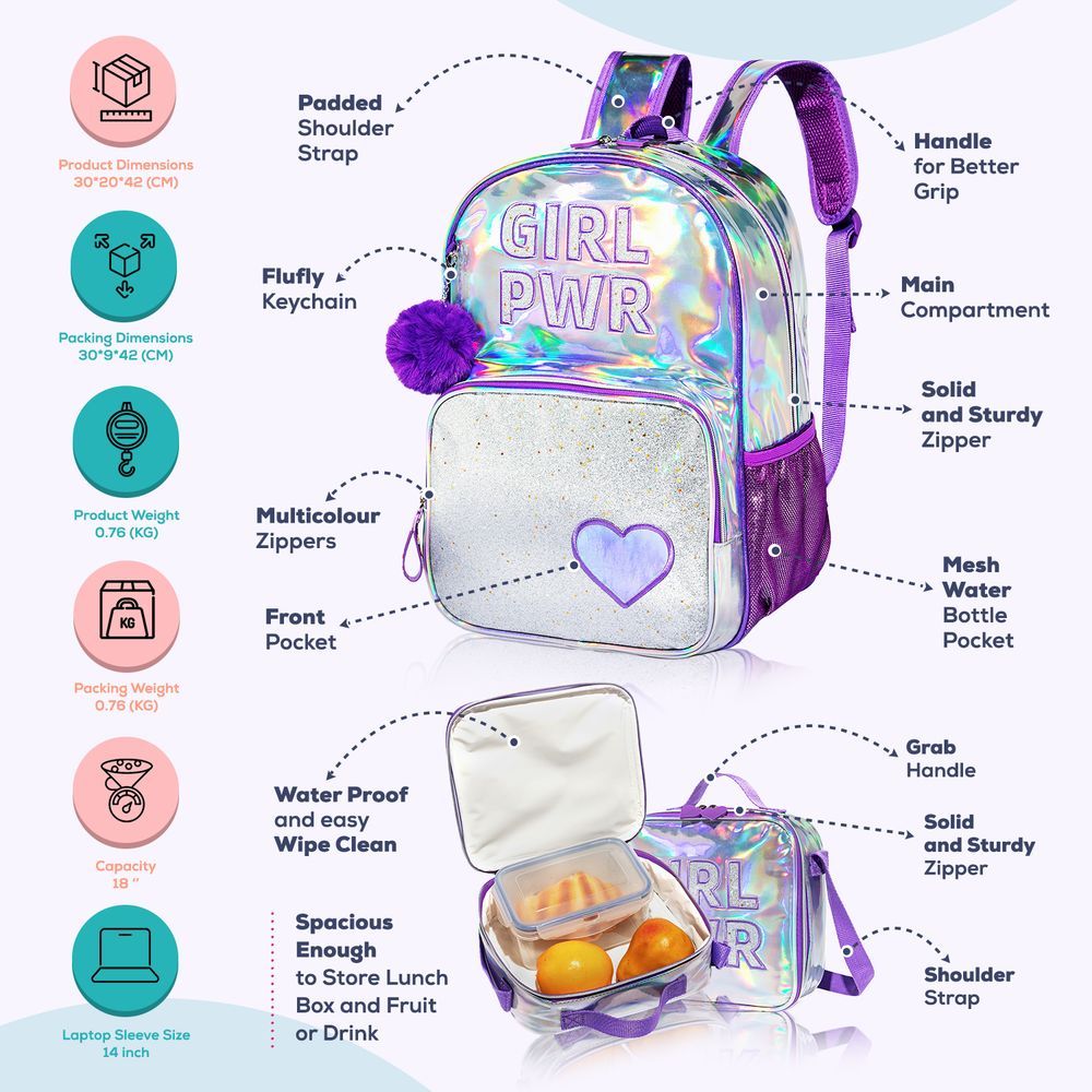 Eazy Kids - Backpack 18-Inch w/ Lunch Bag & Pencil Case - Purple