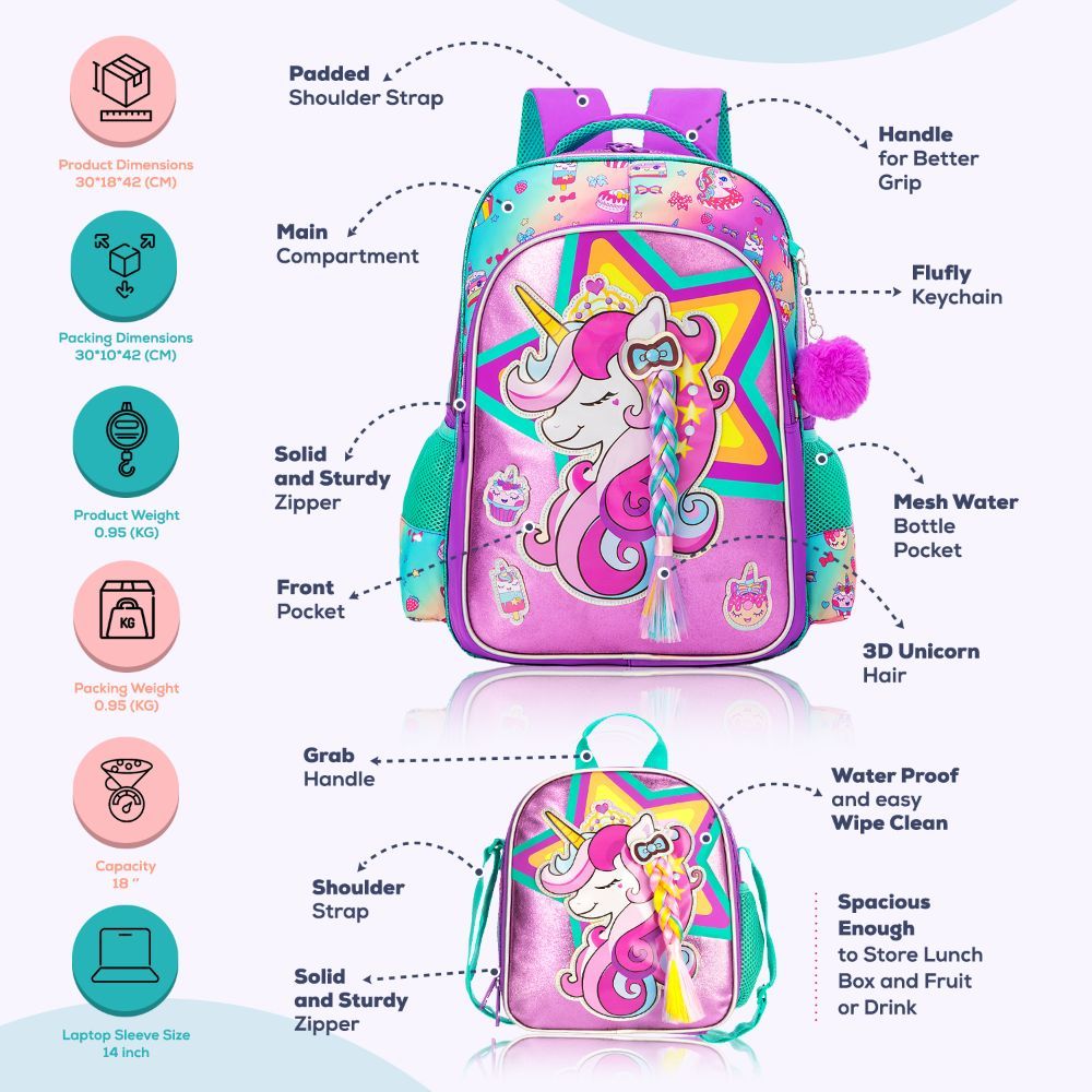 Eazy Kids - Backpack 18-Inch w/ Lunch Bag, Activity Bag & Pencil Case - Unicorn