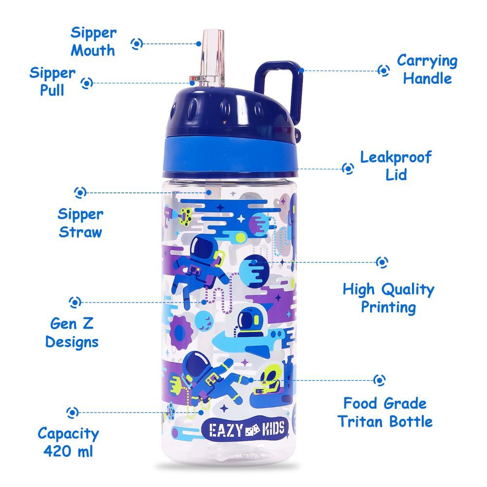 Eazy Kids - Astronauts Tritan Water Bottle W/ Handle 420ml - Blue