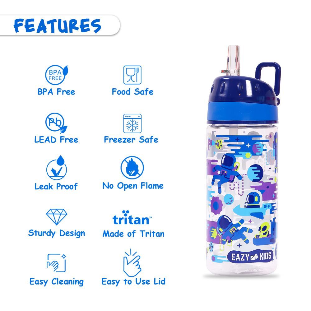 Eazy Kids - Astronauts Tritan Water Bottle W/ Handle 420ml - Blue