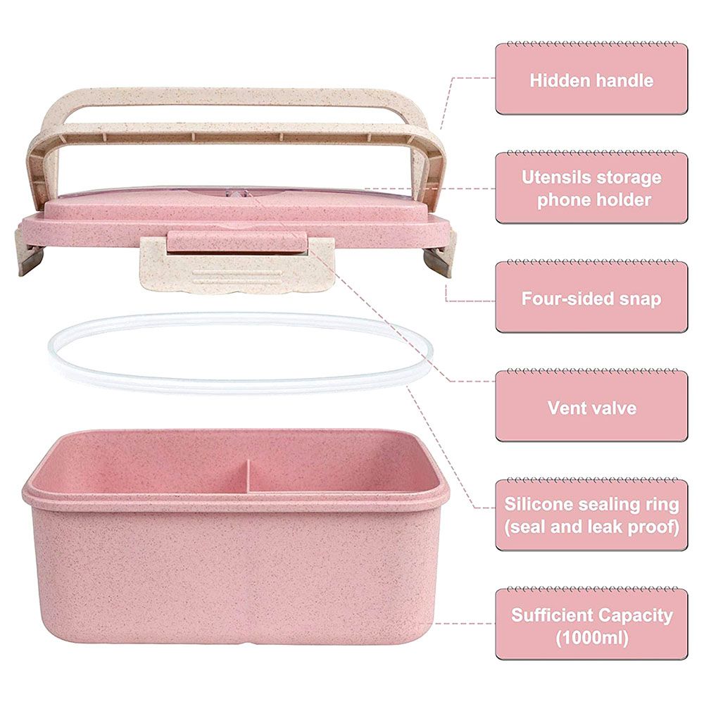 Eazy Kids Wheat Straw Leakproof Eco-Friendly Bento Lunch Box - Pink (1500ml)