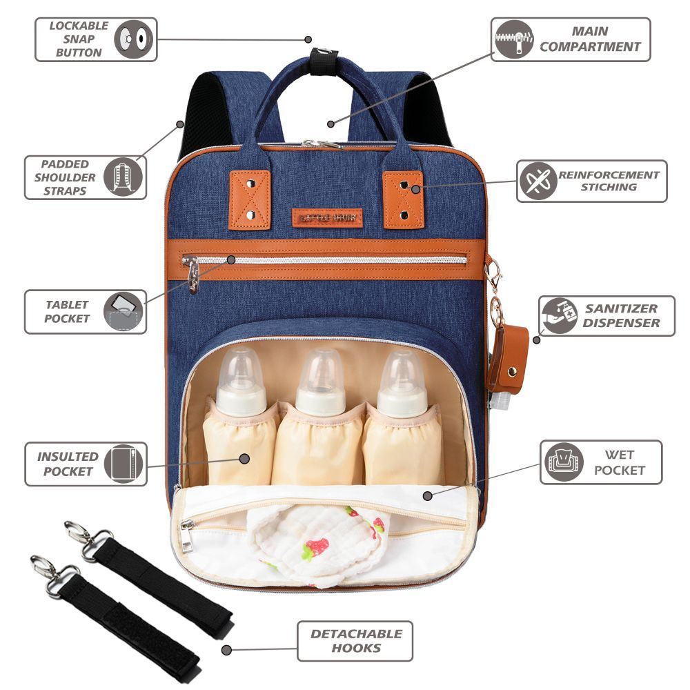 Little Story - 2-in-1 Diaper Backpack w/ Keychain & Hooks - Blue