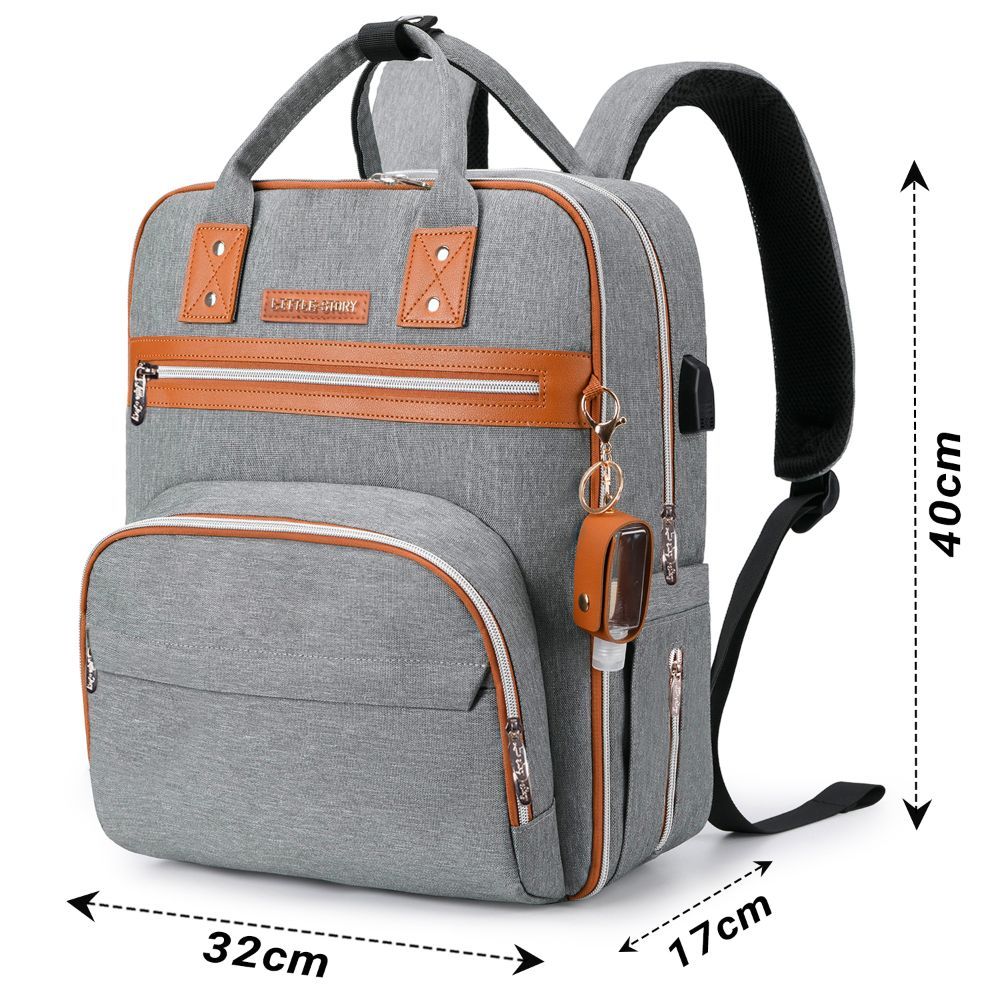 Little Story - 2-in-1 Diaper Backpack w/ Keychain & Hooks - Grey