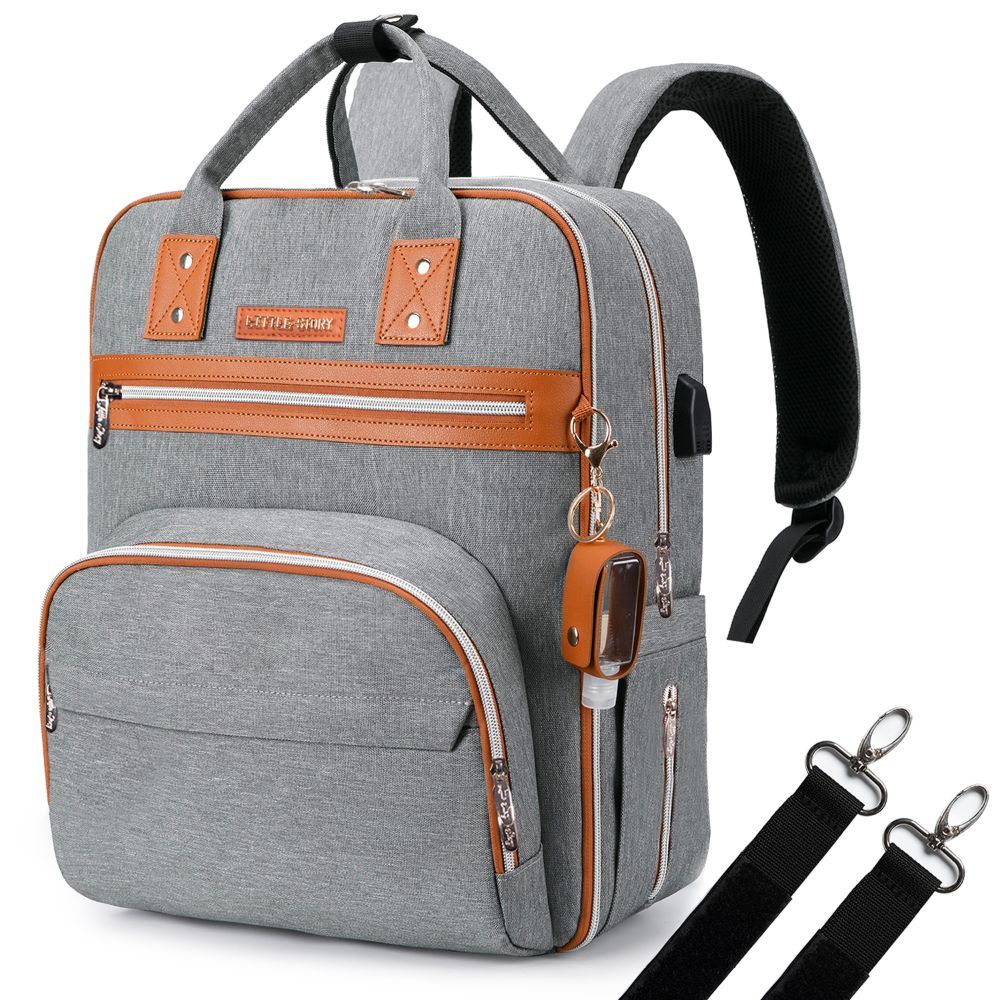 Little Story - 2-in-1 Diaper Backpack w/ Keychain & Hooks - Grey