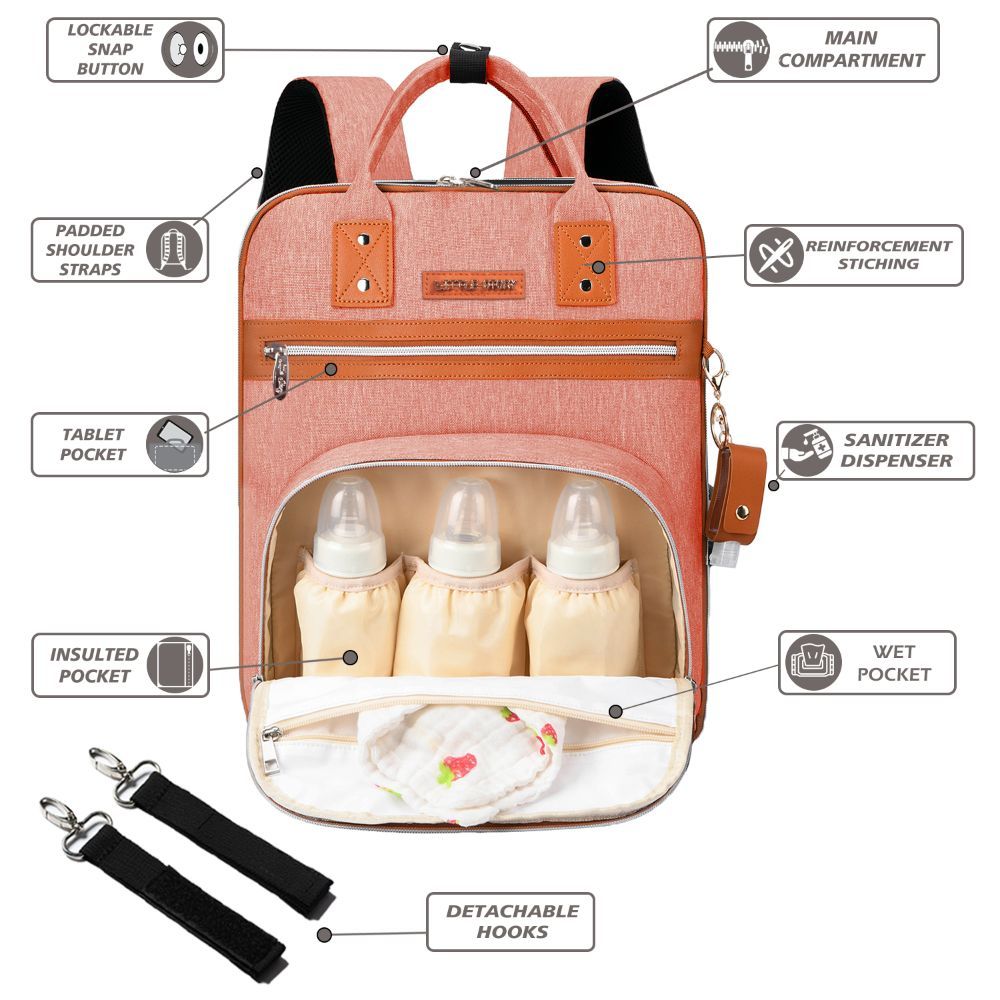 Little Story - 2-in-1 Diaper Backpack w/ Keychain & Hooks - Pink