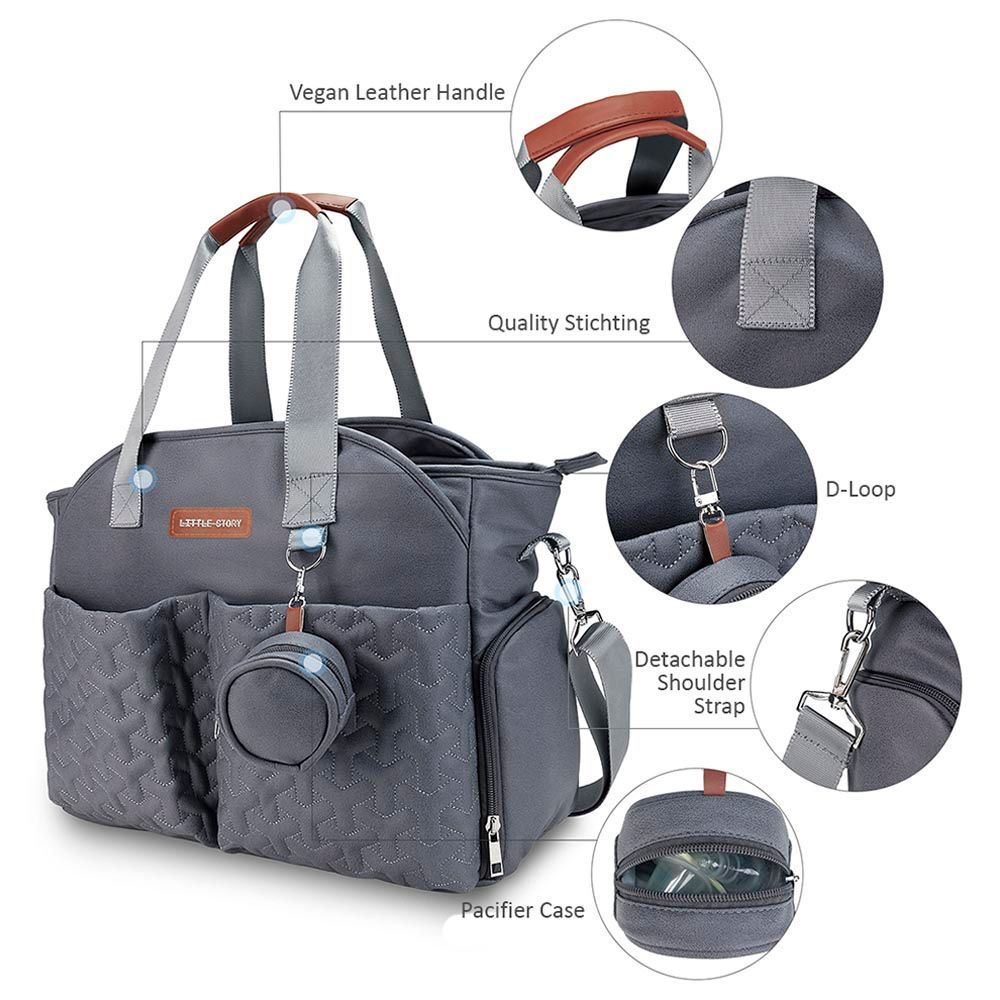 Little Story - Quilted Diaper Bag w/ Pacifier Pouch - Dark Grey