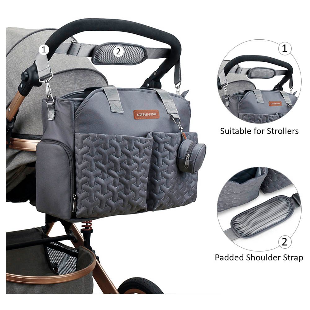 Little Story - Quilted Diaper Bag w/ Pacifier Pouch - Dark Grey