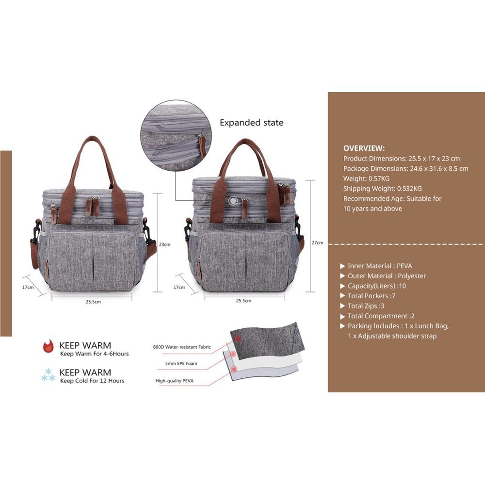 Little Story Insulated Expandable Lunch Bag - Grey