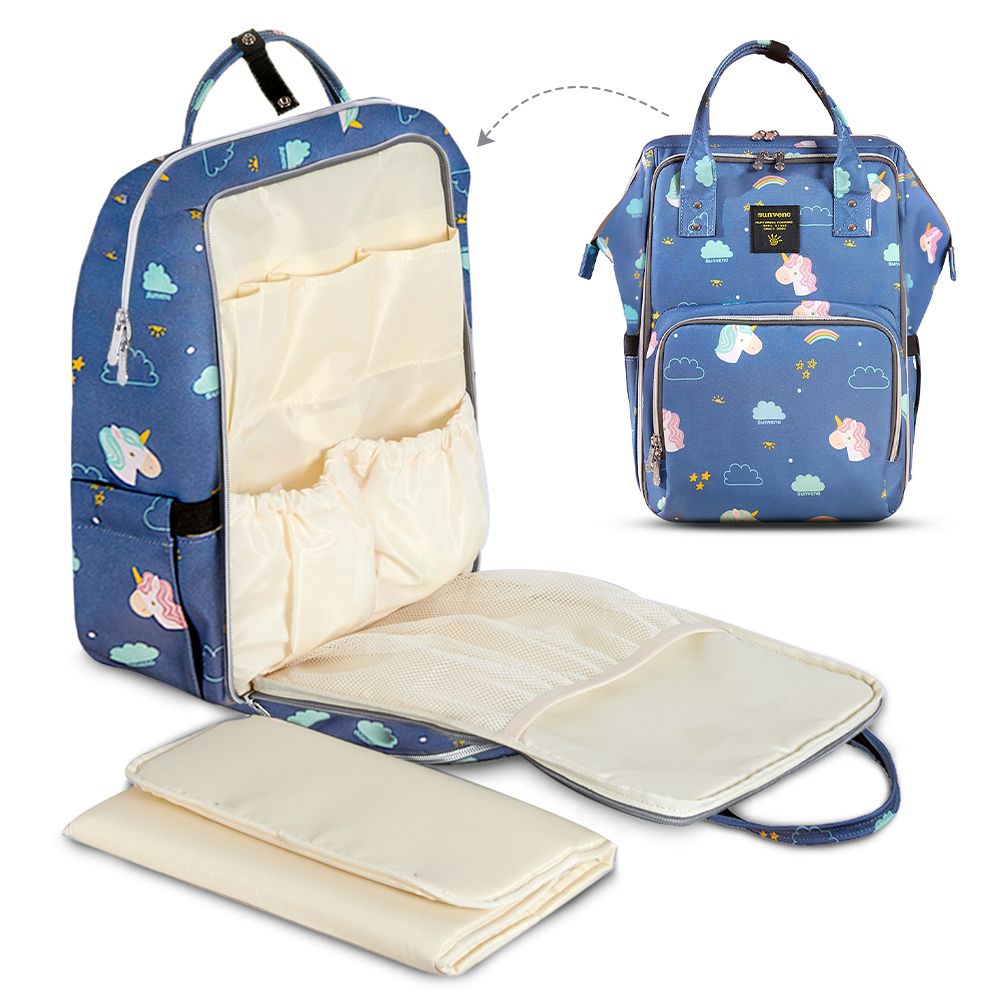 Sunveno - Stylish Diaper Travel Backpack XL w/ Stroller Straps & Changing Pad-Unicorn Blue