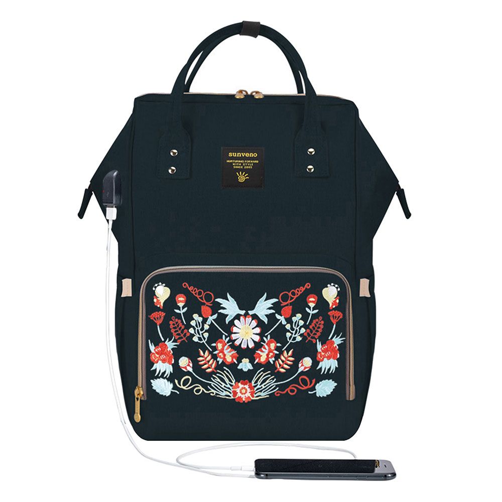 Sunveno - Diaper Bag with USB - Black Embroidery