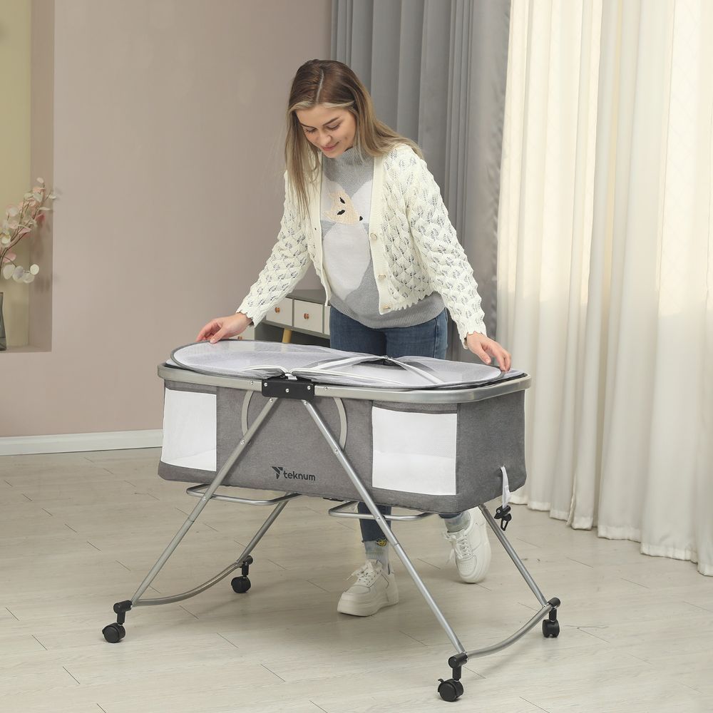 Teknum - 3-in-1 Baby Cot/Cradle W/ Mosquito Net & Wheels - Grey