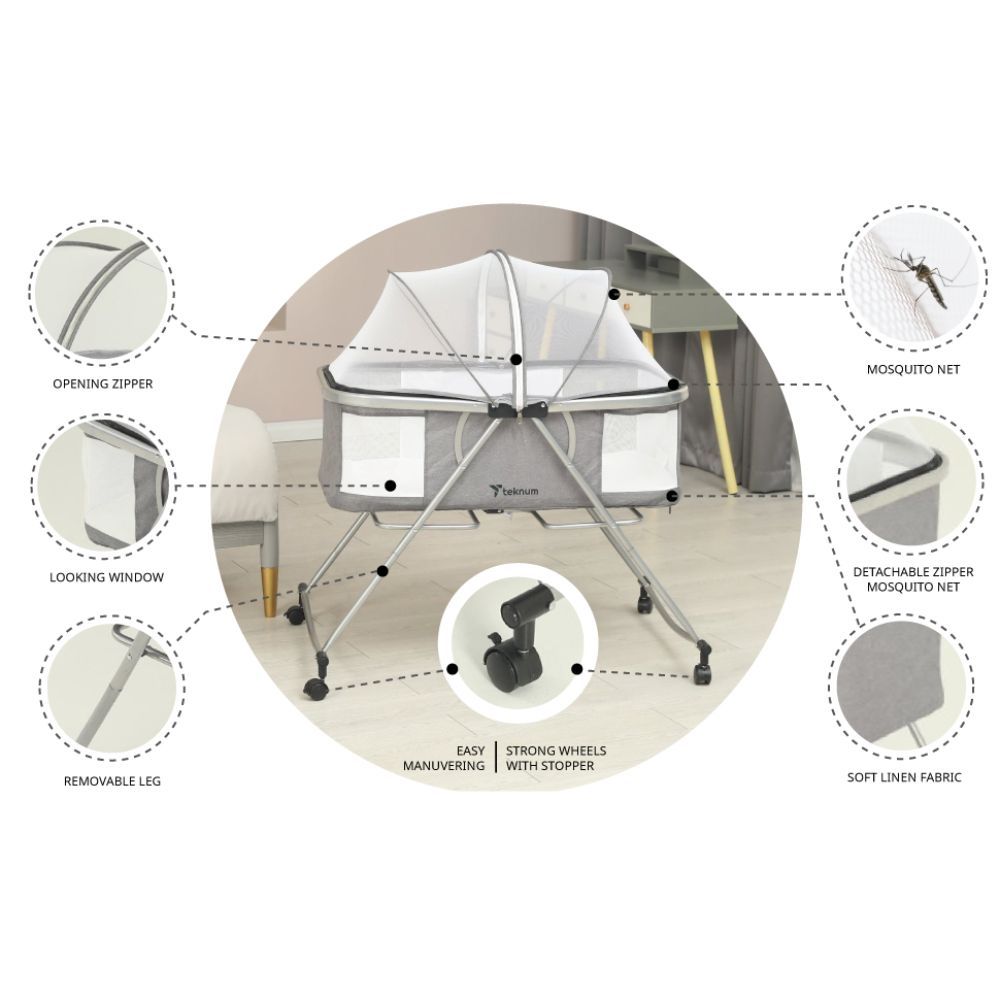 Teknum - 3-in-1 Baby Cot/Cradle W/ Mosquito Net & Wheels - Grey