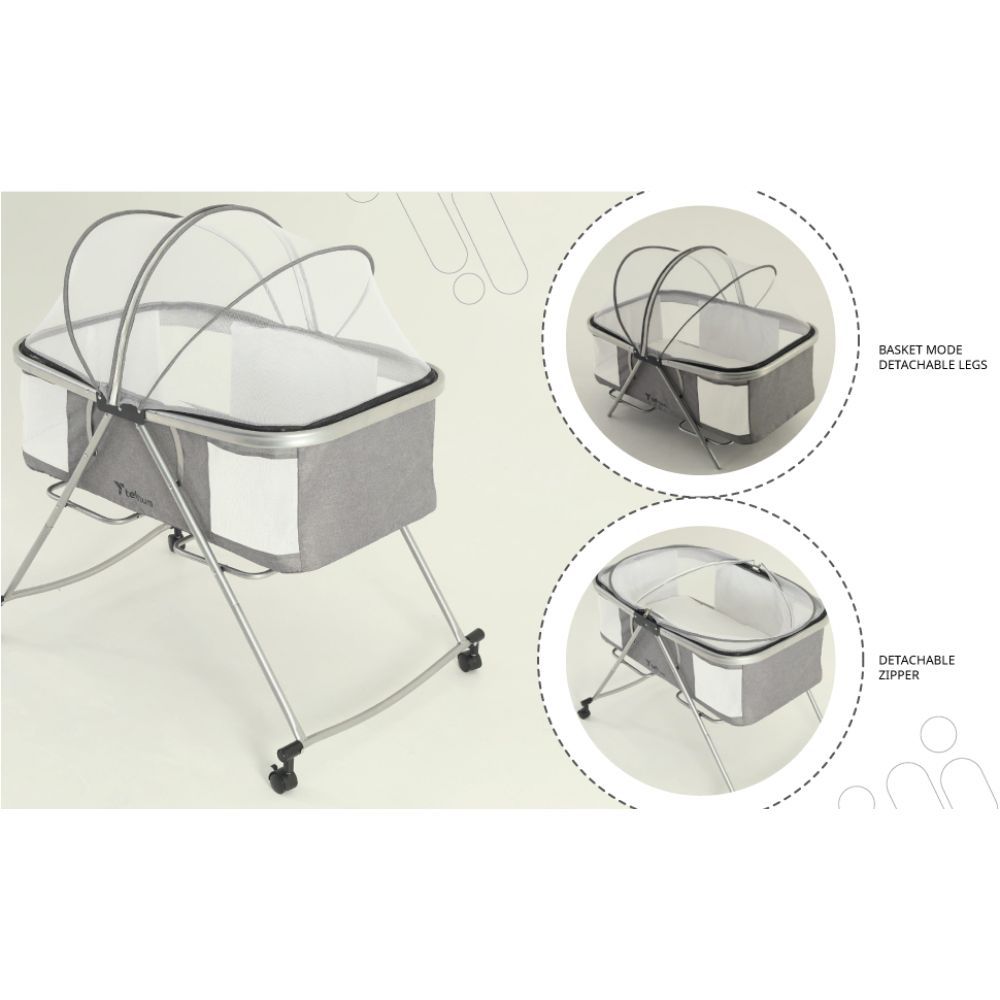 Teknum - 3-in-1 Baby Cot/Cradle W/ Mosquito Net & Wheels - Grey