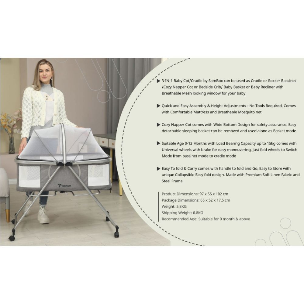 Teknum - 3-in-1 Baby Cot/Cradle W/ Mosquito Net & Wheels - Grey