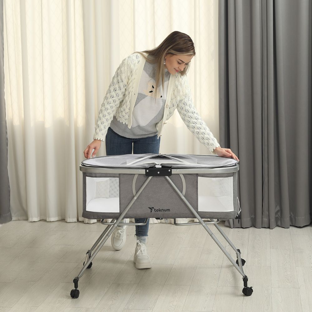 Teknum - 3-in-1 Baby Cot/Cradle W/ Mosquito Net & Wheels - Grey