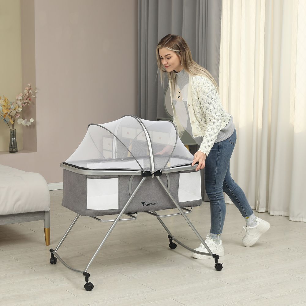 Teknum - 3-in-1 Baby Cot/Cradle W/ Mosquito Net & Wheels - Grey