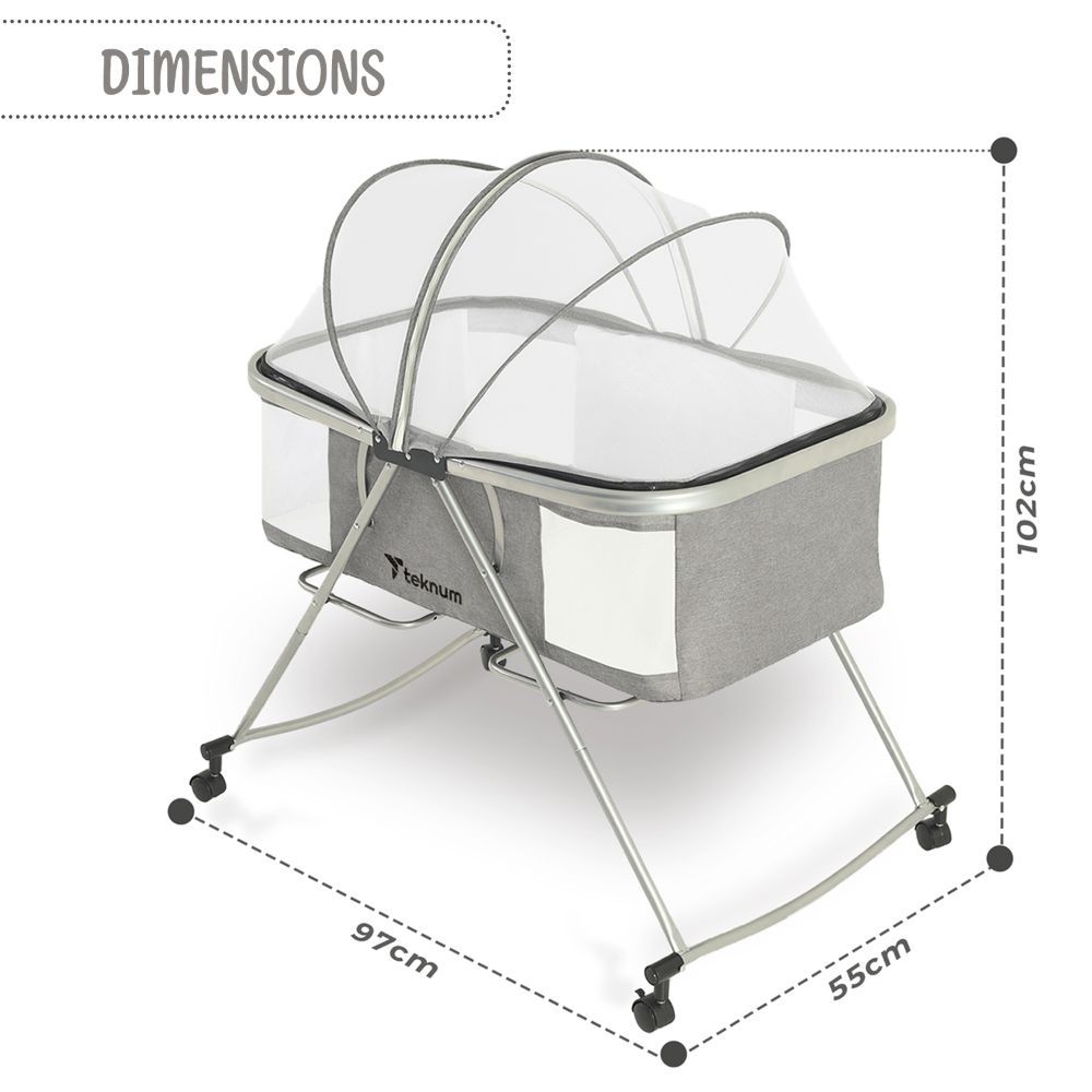 Teknum - 3-in-1 Baby Cot/Cradle W/ Mosquito Net & Wheels - Grey