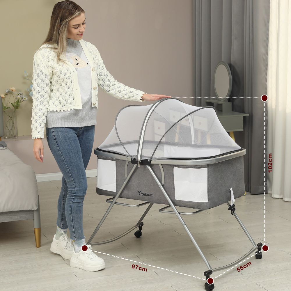 Teknum - 3-in-1 Baby Cot/Cradle W/ Mosquito Net & Wheels - Grey