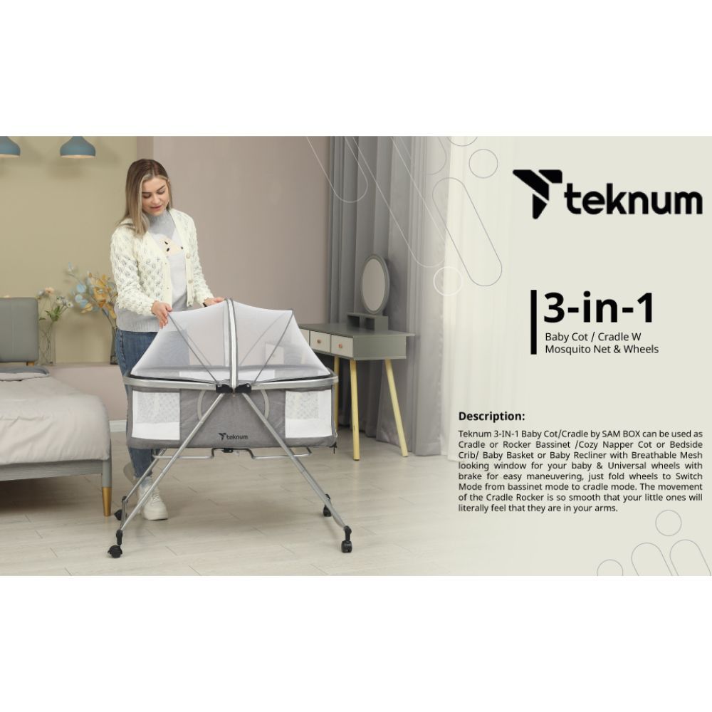 Teknum - 3-in-1 Baby Cot/Cradle W/ Mosquito Net & Wheels - Grey