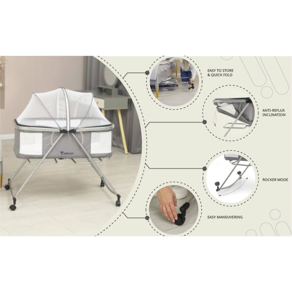 Teknum - 3-in-1 Baby Cot/Cradle W/ Mosquito Net & Wheels - Grey