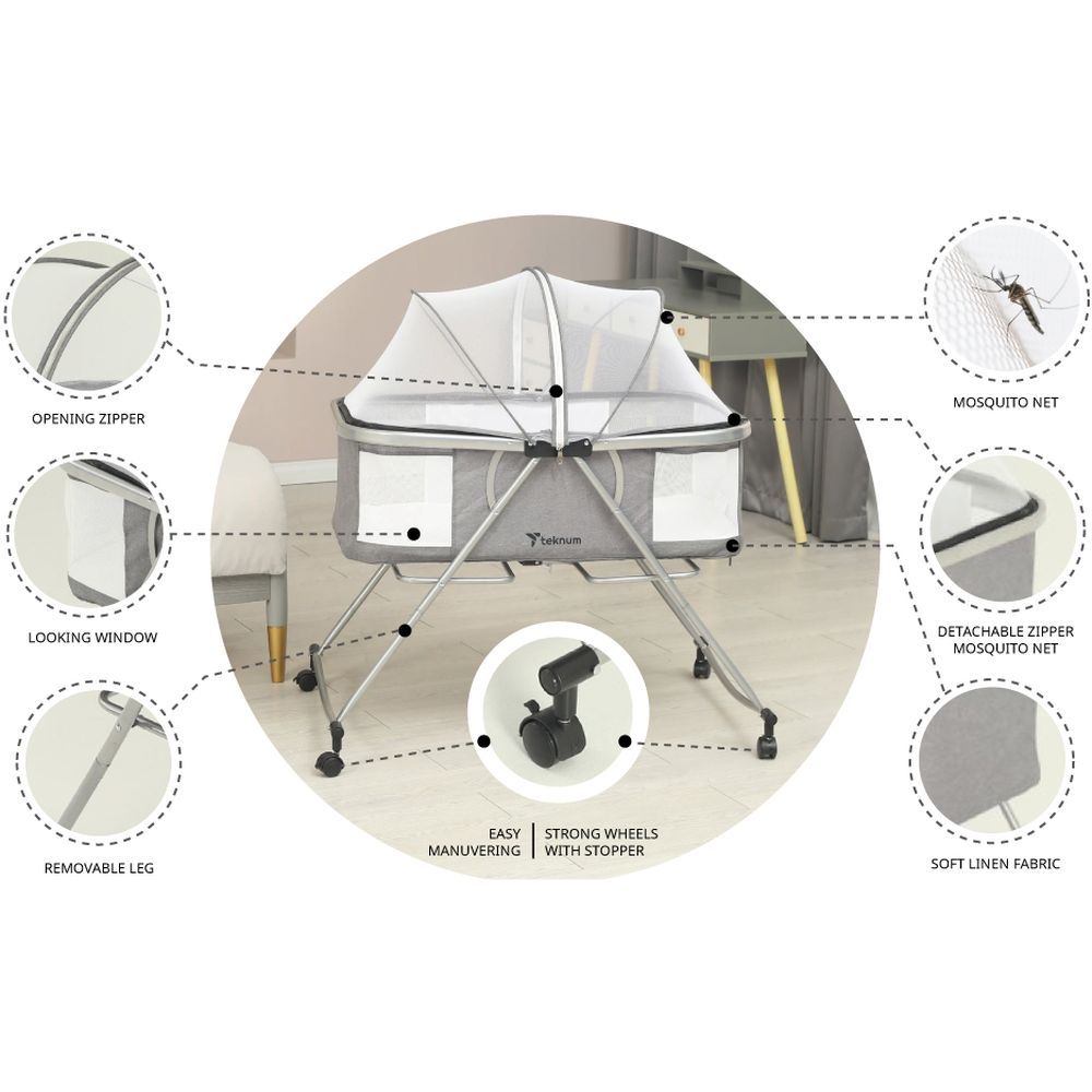 Teknum - 3-in-1 Baby Cot/Cradle W/ Mosquito Net & Wheels - Grey