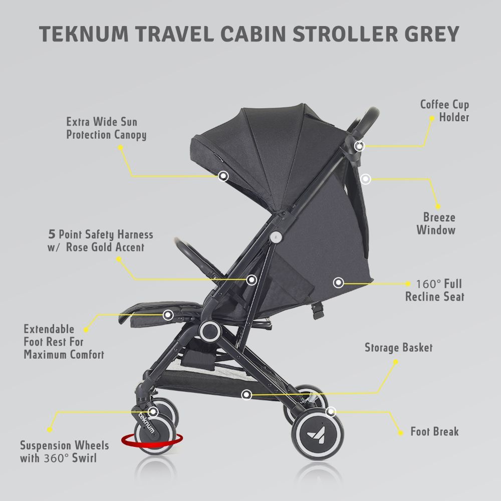 Teknum Travel Cabin Stroller with Coffee Cup Holder - Black