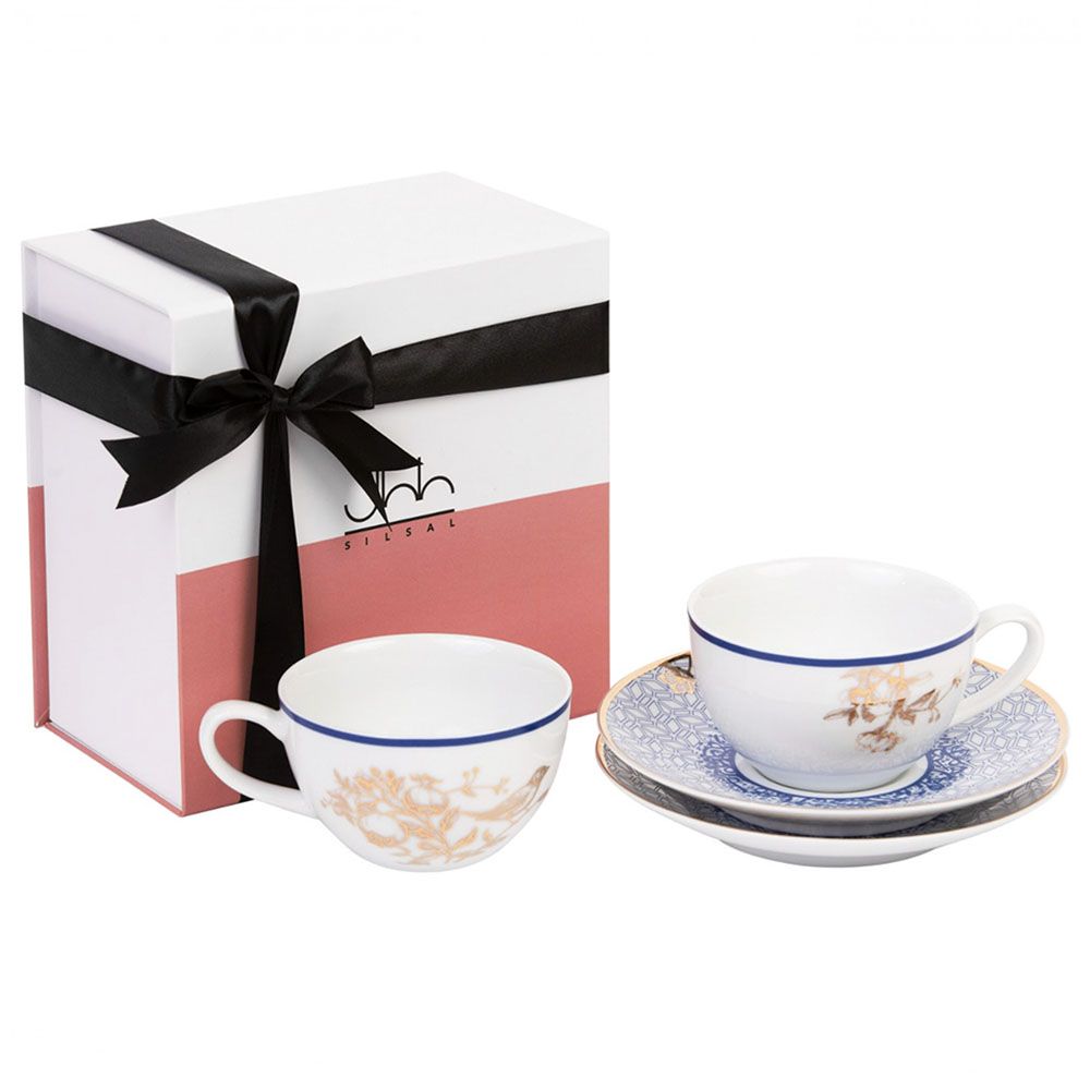 Silsal - Gift Box of 2 Kunooz Porcelain Tea Cups & Saucers